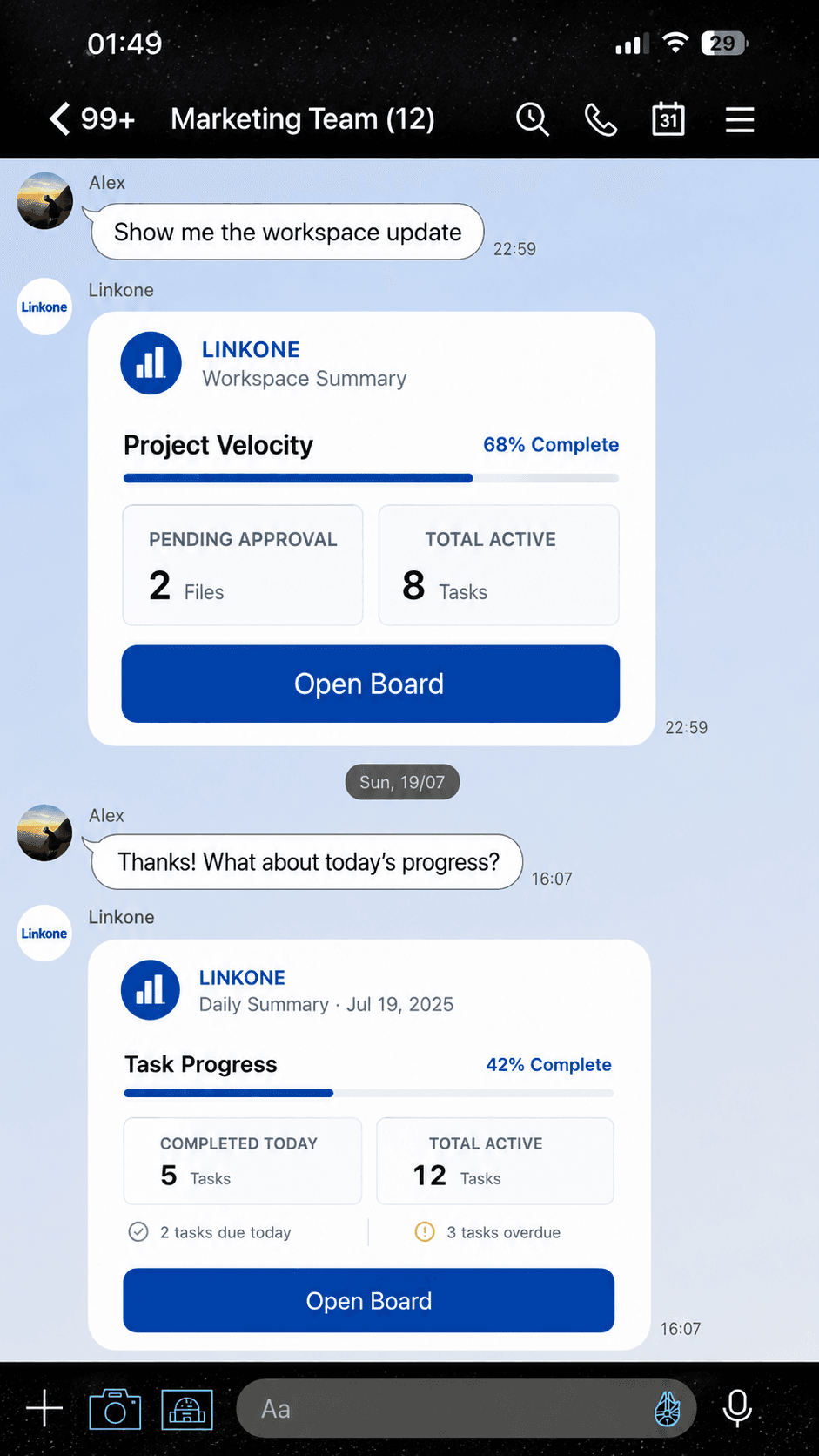 การ์ดสรุปงานของ Linkone ที่ส่งกลับเข้าไปในกลุ่ม LINE พร้อมปุ่ม Open Board